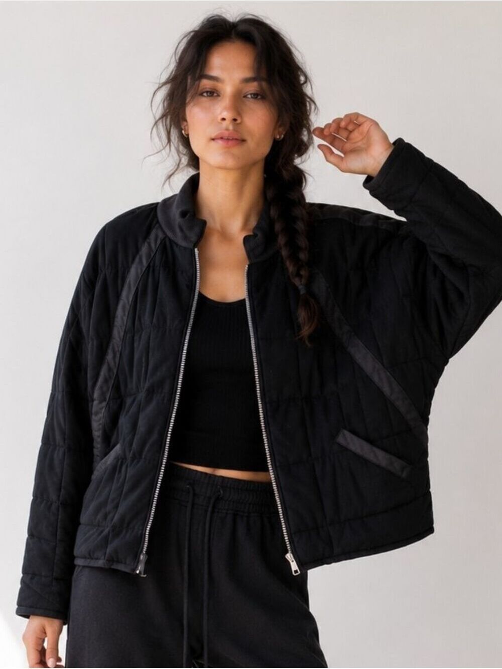 CHASER LA OVERSIZED QUILTED KNIT FULL ZIP KNIT BAT WING BOMBER JACKET BLACK S